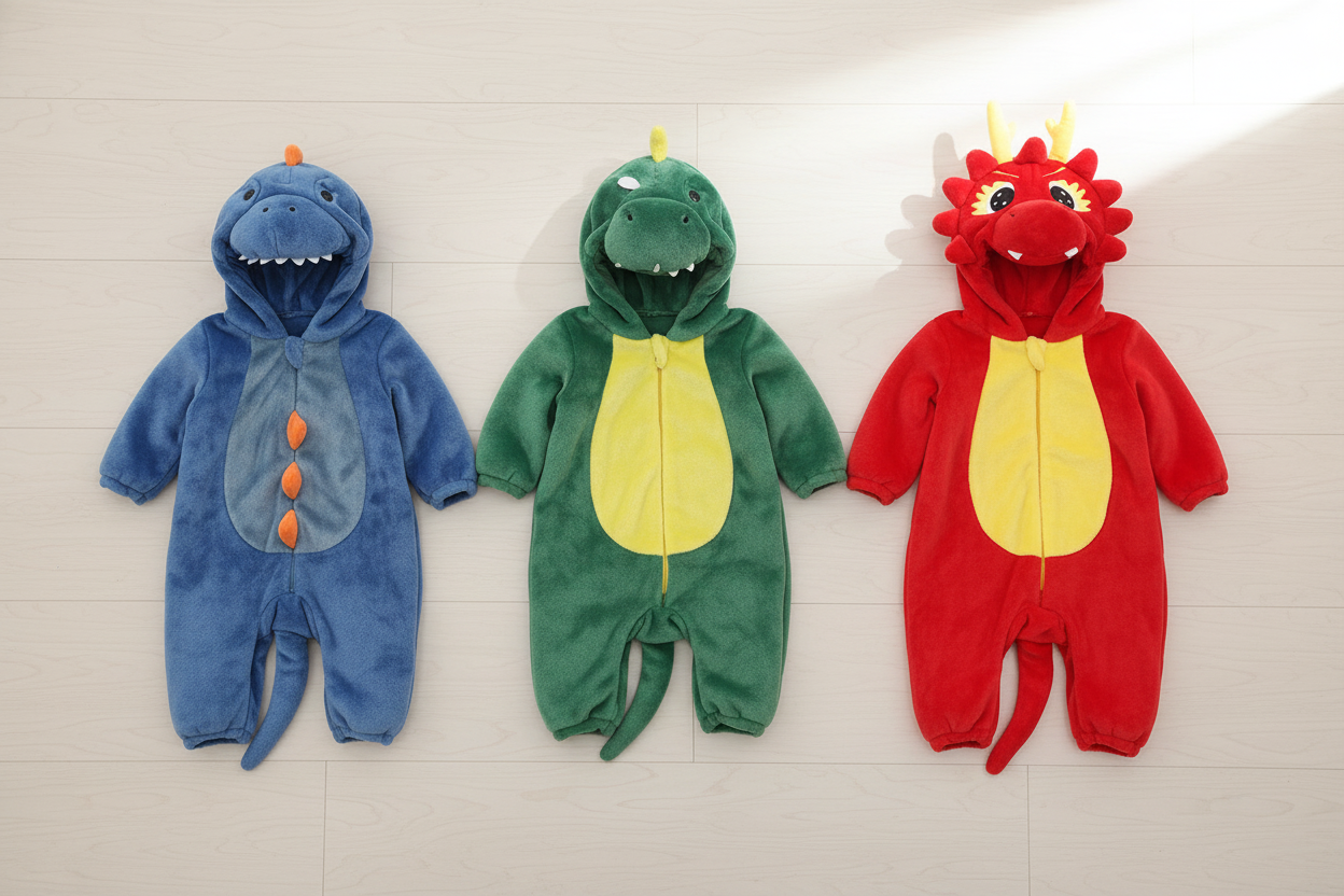 Trzy kolory kombinezonów dinozaura